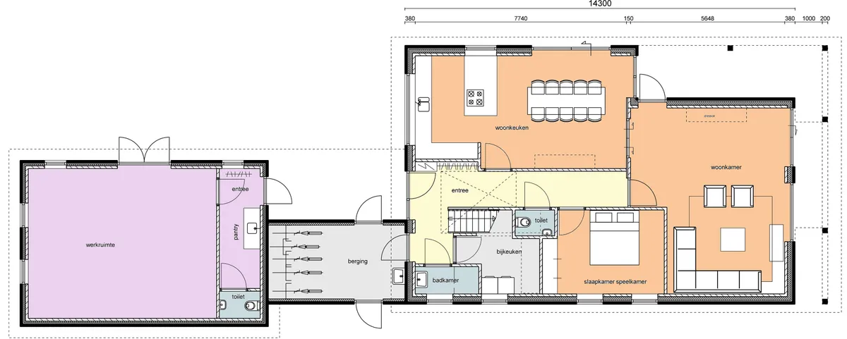 Plattegrond van de begane grond met het bijgebouw
